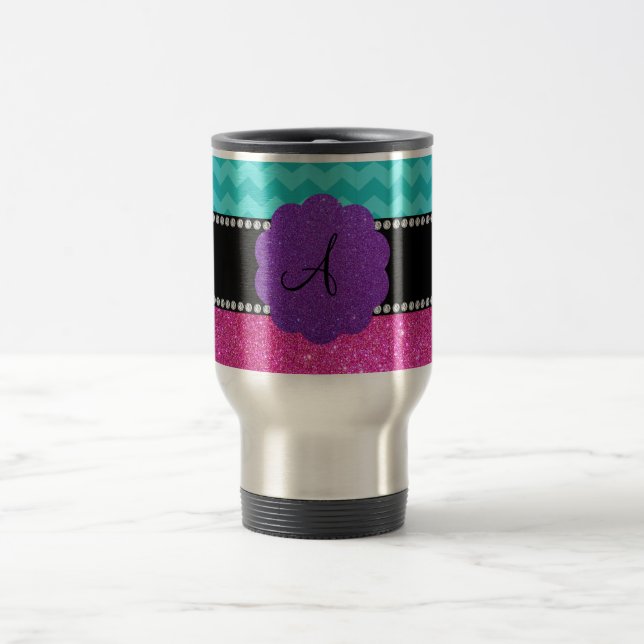 Rosa Glitter der Monogrammtürkis-Sparren Reisebecher (Mittel)