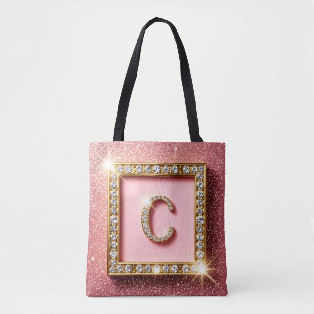 Rosa Glitter-Diamant-Anfangsbuchstabe C Goldrahmen (Vorderseite)