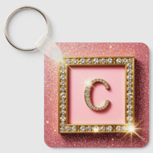 Rosa Glitter-Diamant-Anfangsbuchstabe C Goldrahmen Schlüsselanhänger
