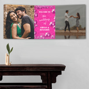 Rosa Glitter Disco-Kugeln 2 Foto Hochzeitsbegrüßun Banner