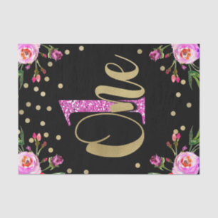 Rosa Glitter-EINS-Schwarze Blumen 1. Geburtstagsfe Seidenpapier