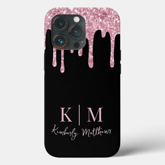 Rosa Glitter-Monogramm-Initialen auf Schwarz Case-Mate iPhone Hülle (Rückseite)