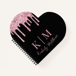 Rosa Glitter-Monogramm-Initialen auf Schwarz Notizbuch