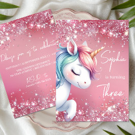 Rosa Glitter Regenbogen Einhorn Geburtstag Einladung