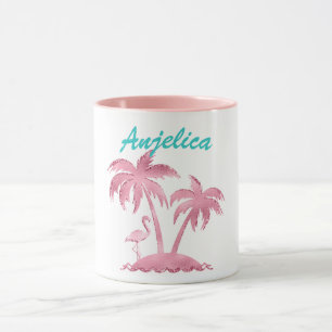 Rosa Glitter Retro Flamingo und Palmen Tasse