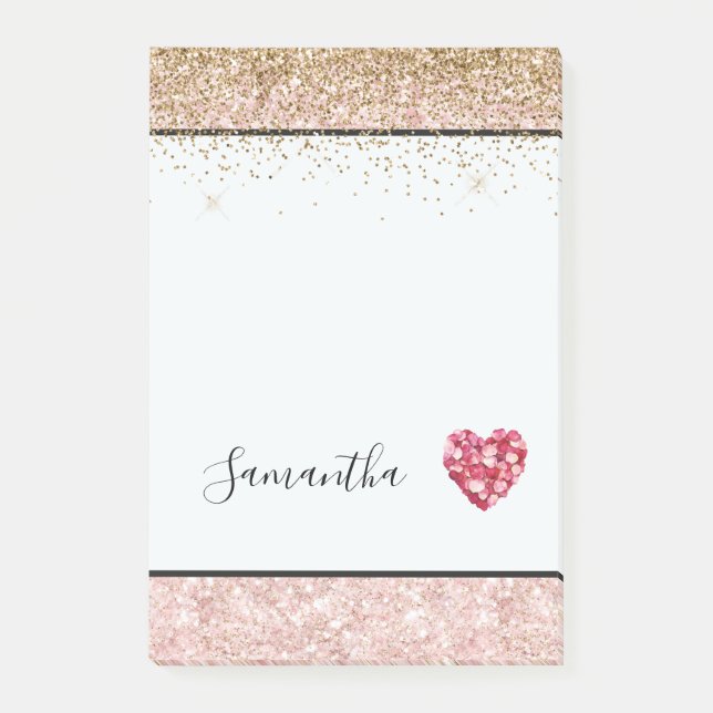 Rosa Glitter Rot Rosenblüten Herz Post-it Klebezettel (Vorderseite)