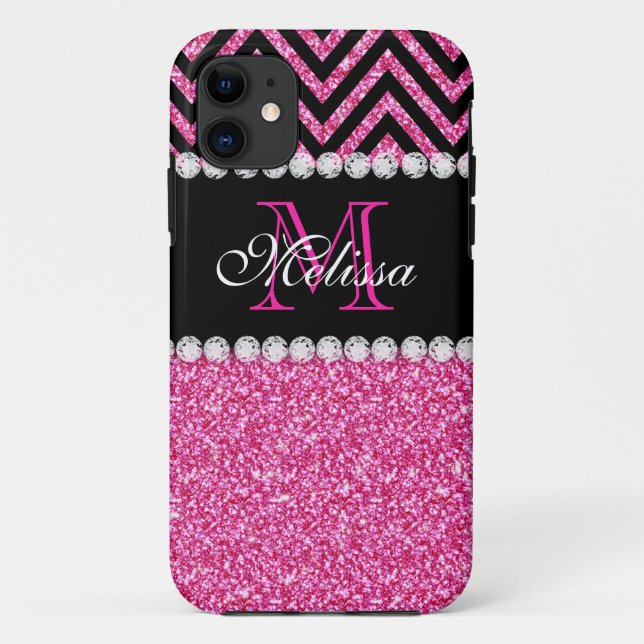 Rosa Glitter Schwarz Chevron Monogramm Case-Mate iPhone Hülle (Rückseite)