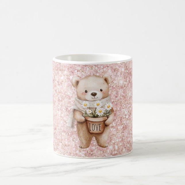 Rosa Glitter Süßer Bär Gänseblümchen Blumen Kaffeetasse (Mittel)