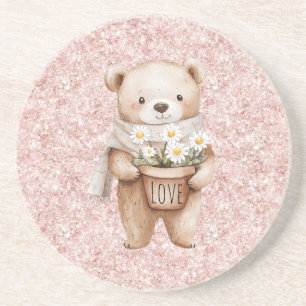 Rosa Glitter Süßer Bär Gänseblümchen Getränkeuntersetzer