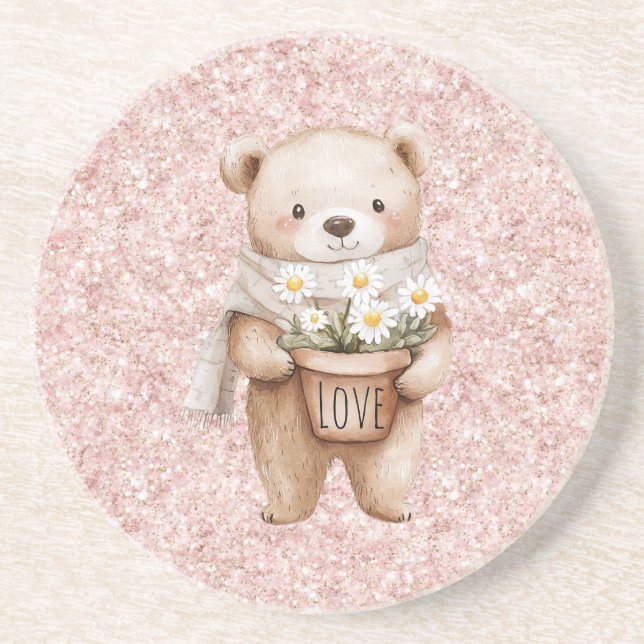 Rosa Glitter Süßer Bär Gänseblümchen Getränkeuntersetzer (Vorne)