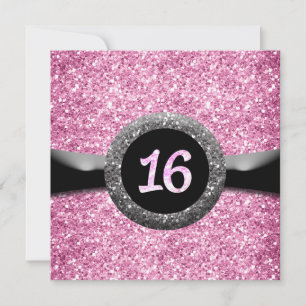 Rosa Glitter Sweet 16 Schleifen-Emblem Einladung