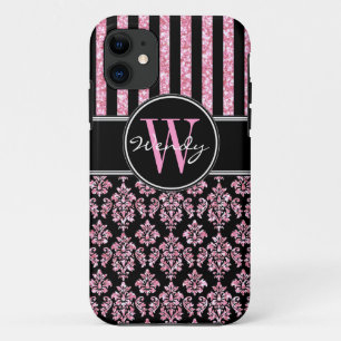 Rosa Glitterdruck Schwarzer Damast Ihr Name Case-Mate iPhone Hülle