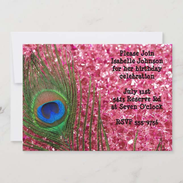 Rosa Glitterie Felsen Pfau Geburtstag Einladung (Vorderseite)