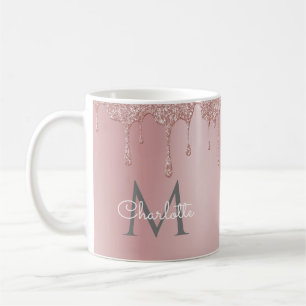 Rosa Glittertropfen Elegantes Mädchen-Script Monog Kaffeetasse
