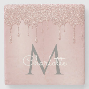 Rosa Glittertropfen Monogramm Elegantes Mädchen-Sk Steinuntersetzer