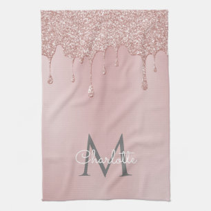 Rosa Glittertropfen Monogramm Weibliches Skript Geschirrtuch