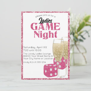 Rosa Glitterwürfel und Champagner Damen-Spielabend Einladung