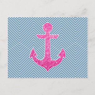 Rosa glitzender Anker blaue Chevron Postkarte