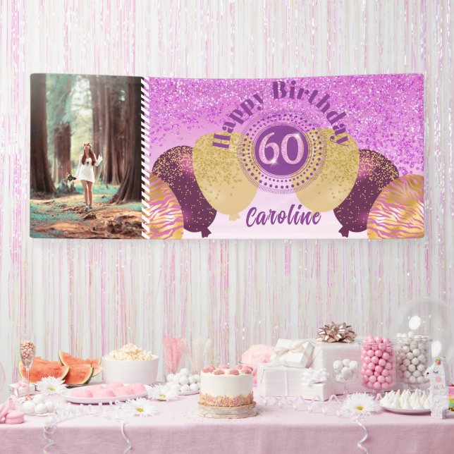 Rosa Glitzer 60. Geburtstag & Balloons Banner (Party)