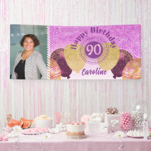 Rosa Glitzer 90. Geburtstag & Balloons Banner