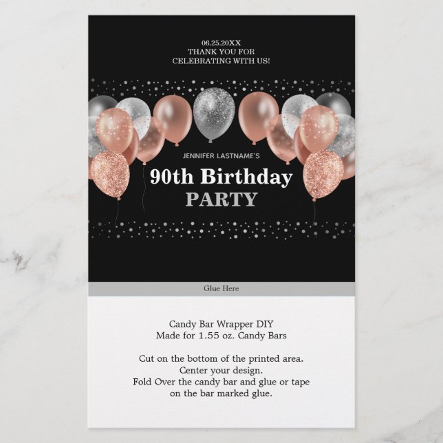 Rosa Glitzer 90. Geburtstag Candy Bar Wrapper (Vorderseite)