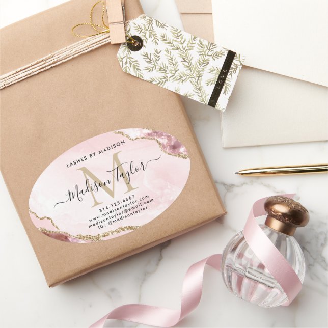 Rosa Glitzer Agate Monogram Business Ovaler Aufkleber (Schenken)