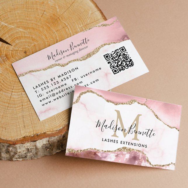 Rosa Glitzer Agate Monogram QR Code Visitenkarte (Von Creator hochgeladen)