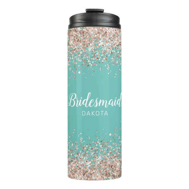 Rosa Glitzer auf Blue Green Bridesmaid Name Thermosbecher (Vorderseite)