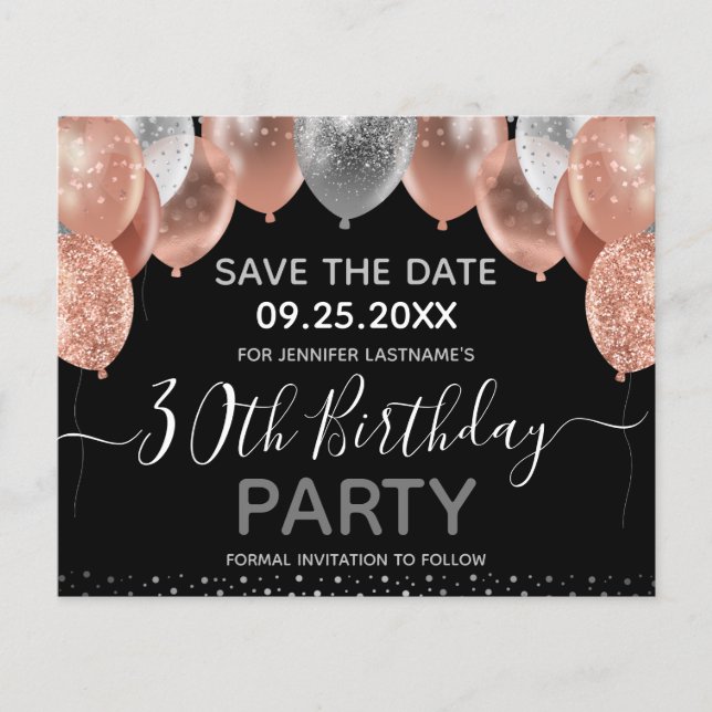 Rosa Glitzer Balloons 30. Geburtstag Save the Date (Vorderseite)