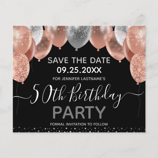 Rosa Glitzer Balloons 50. Geburtstag Save the Date (Vorderseite)