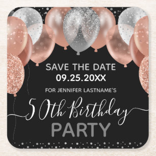 Rosa Glitzer Balloons 50. Geburtstag Save the Date Rechteckiger Pappuntersetzer