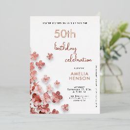 Rosa Glitzer Blume Floral 50. Geburtstag Folieneinladung