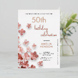 Rosa Glitzer Blume Floral 50. Geburtstag Folieneinladung