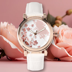 Rosa Glitzer Blume Pinselstrich Armbanduhr