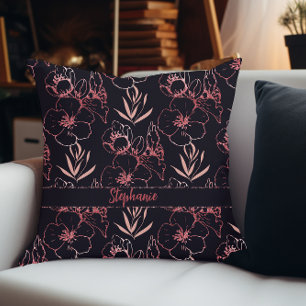 Rosa Glitzer-Blume und Blätter Monogramm Kissen