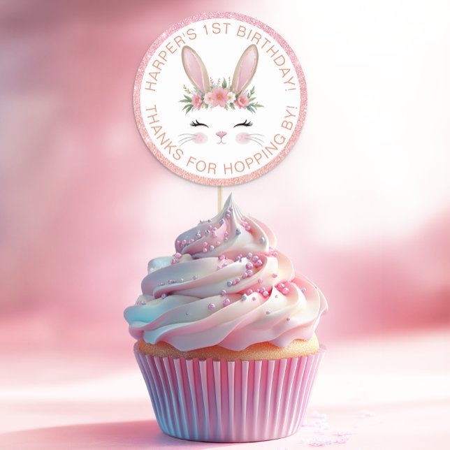 Rosa Glitzer Blumenbunny 1. Geburtstag Gastgeschen Runder Aufkleber (Bunny Birthday Party Favor Thank You Sticker)
