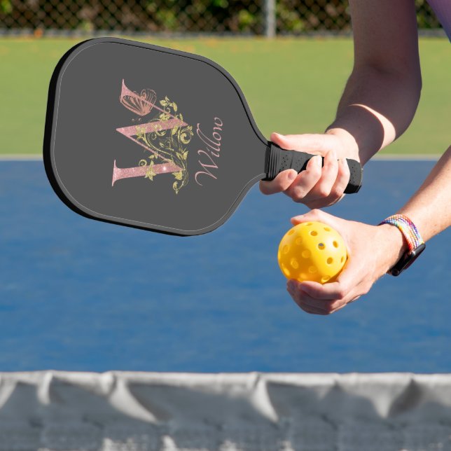 Rosa Glitzer Blumenschreiben W Pickleball Schläger (InSitu)