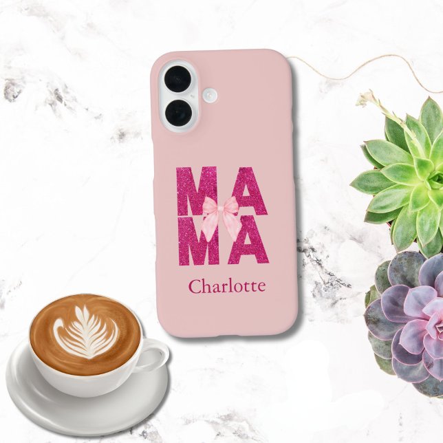 Rosa Glitzer Bow MAMA Coquette Ästhetische Mutter Case-Mate iPhone Hülle (mama pink glitter pink bow, coquette aesthetic monogram name iPhone case. 16, 15, 14, 13 12 11)