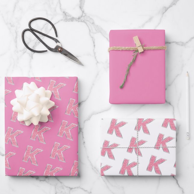 Rosa Glitzer Buchstabe K Geschenkpapier Set (Vorderseite)