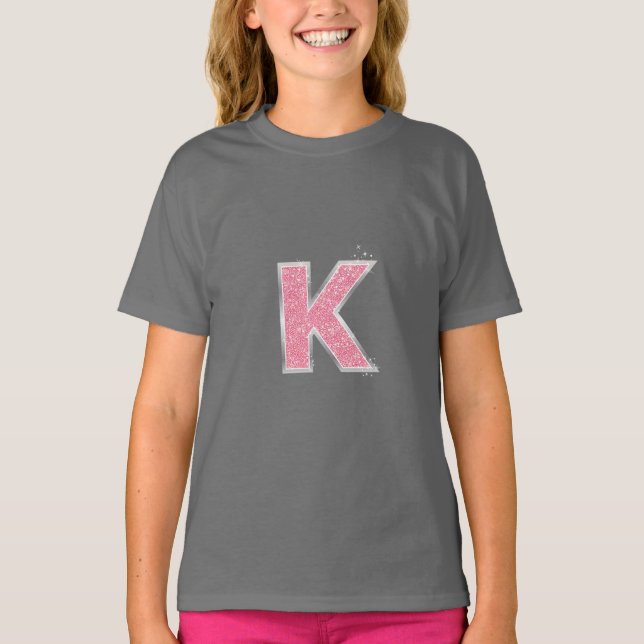 Rosa Glitzer Buchstabe K T-Shirt (Vorderseite)