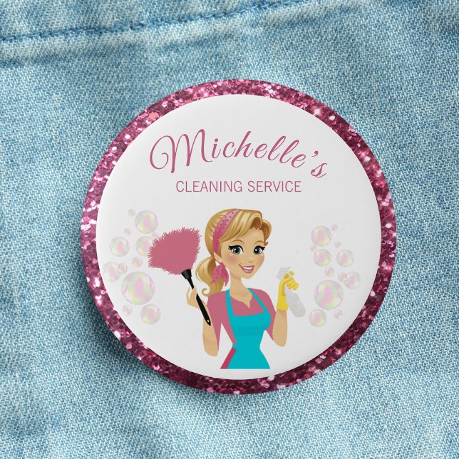 Rosa Glitzer Cartoon Haushaltshilfe Reinigungsserv Button (Von Creator hochgeladen)