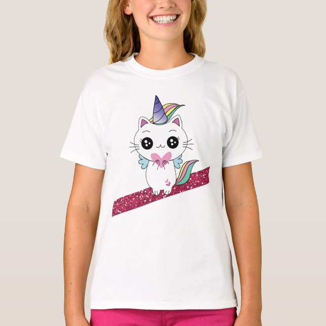 Rosa Glitzer Caticorn T-Shirt (Vorderseite)