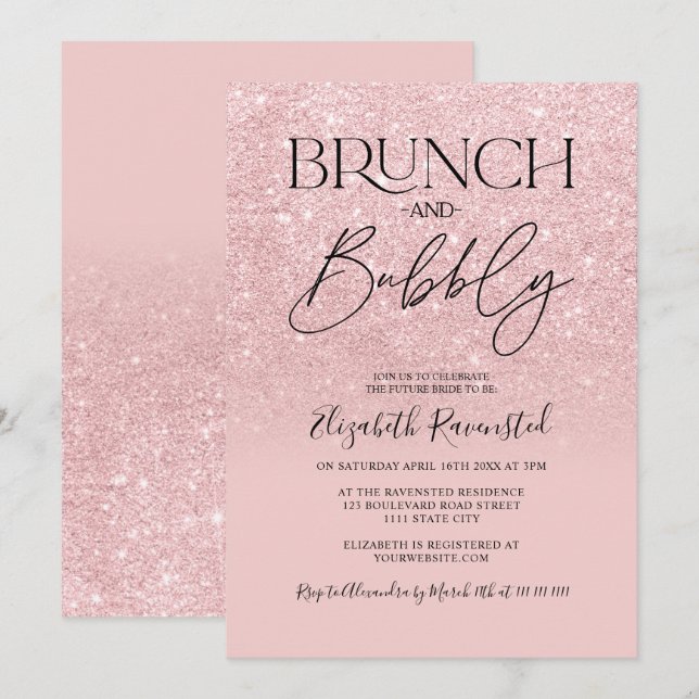 Rosa Glitzer Chic Brunch Bubbly Brautparty Einladung (Vorne/Hinten)