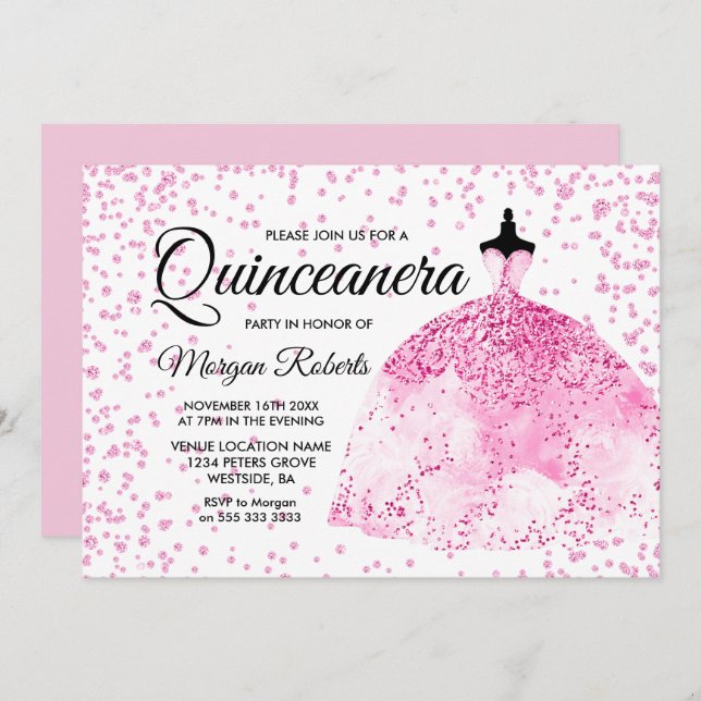 Rosa Glitzer Confetti Kleid Quinceanera laden Einladung (Vorne/Hinten)