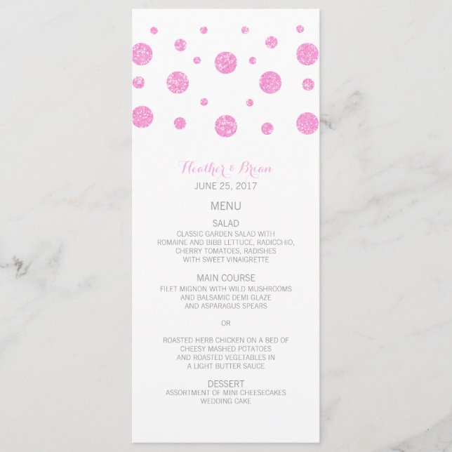 Rosa Glitzer Confetti Wedding Menu Menükarte (Vorderseite)