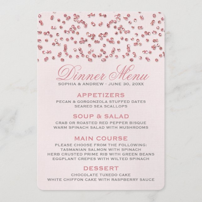 Rosa Glitzer Confetti Wedding Menu Menükarte (Vorderseite)