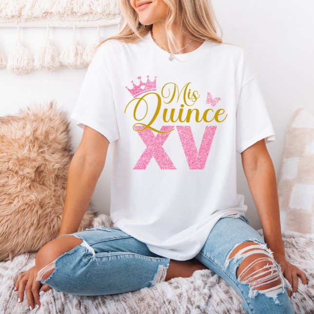 Rosa Glitzer Crown Mis Quince XV Quinceanera Party T-Shirt (Pink Glitter Crown Mis Quince XV Quinceanera Party T-Shirt)