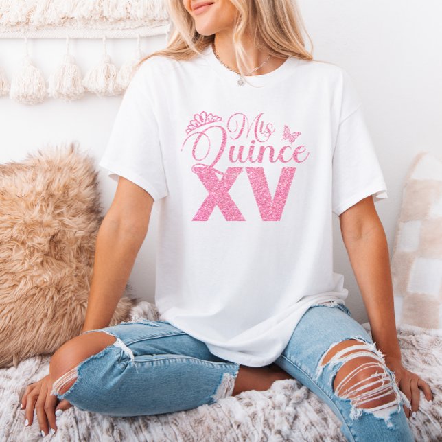 Rosa Glitzer Crown Mis Quince XV Quinceanera Party T-Shirt (Pink Glitter Crown Mis Quince XV Quinceanera Party T-Shirt)