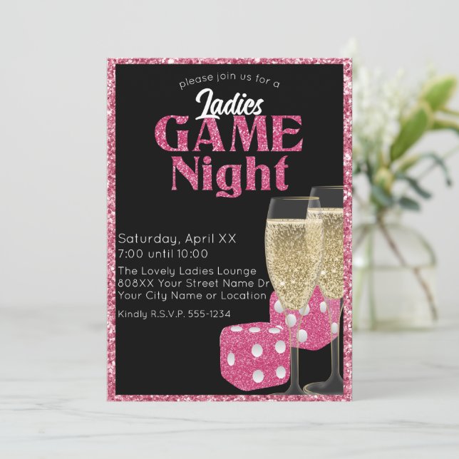 Rosa Glitzer Dice Ladys Game Night Einladung (Stehend Vorderseite)