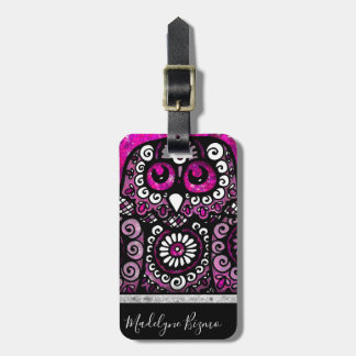 Rosa Glitzer Elegante Black Girly Travel Bird Owl Gepäckanhänger